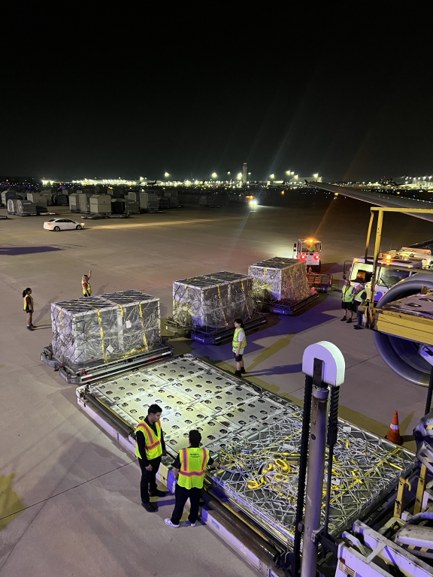 Cargo staged and loaded around the dedicated wide-body charter